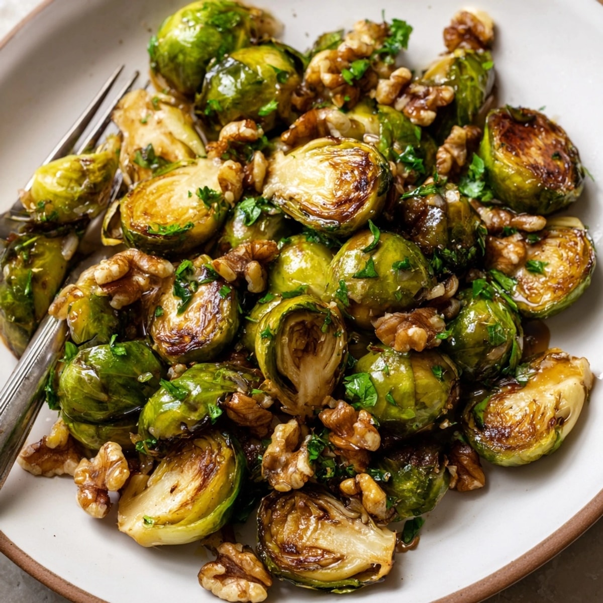 Zarte Rosenkohlhälften mit Ahornsirup-Glasur und knusprigen Walnüssen, fertig zum Servieren.