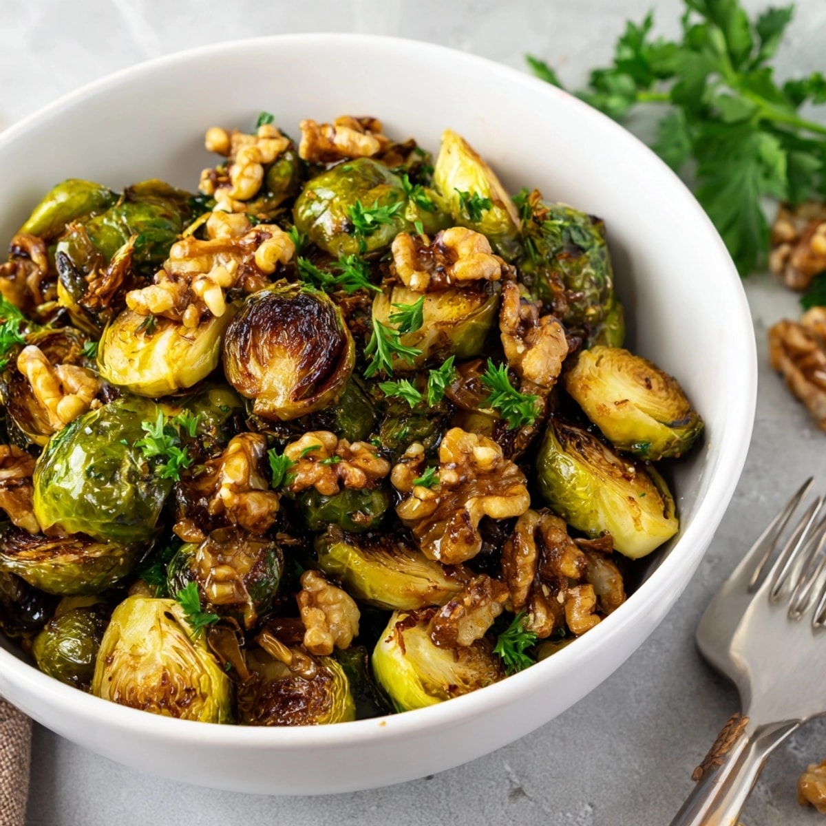 Saftige Maple Glazed Brussels Sprouts strahlen golden geröstet auf einem Backblech.