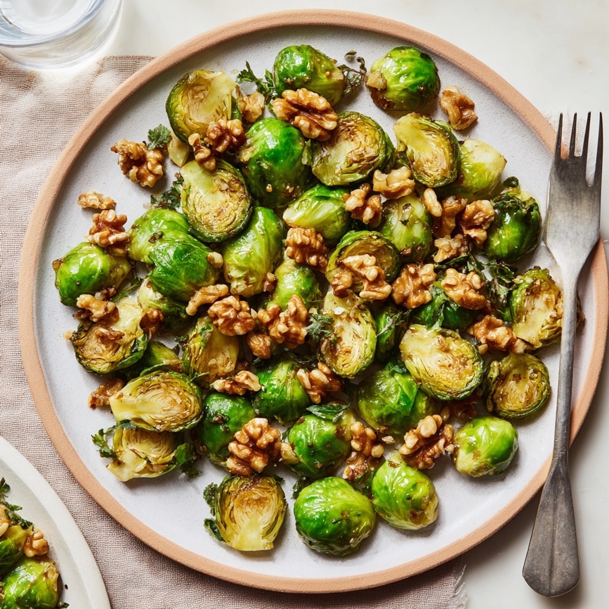 Ein Teller köstlicher, karamellisierter Maple Glazed Brussels Sprouts mit gehackten Walnüssen.