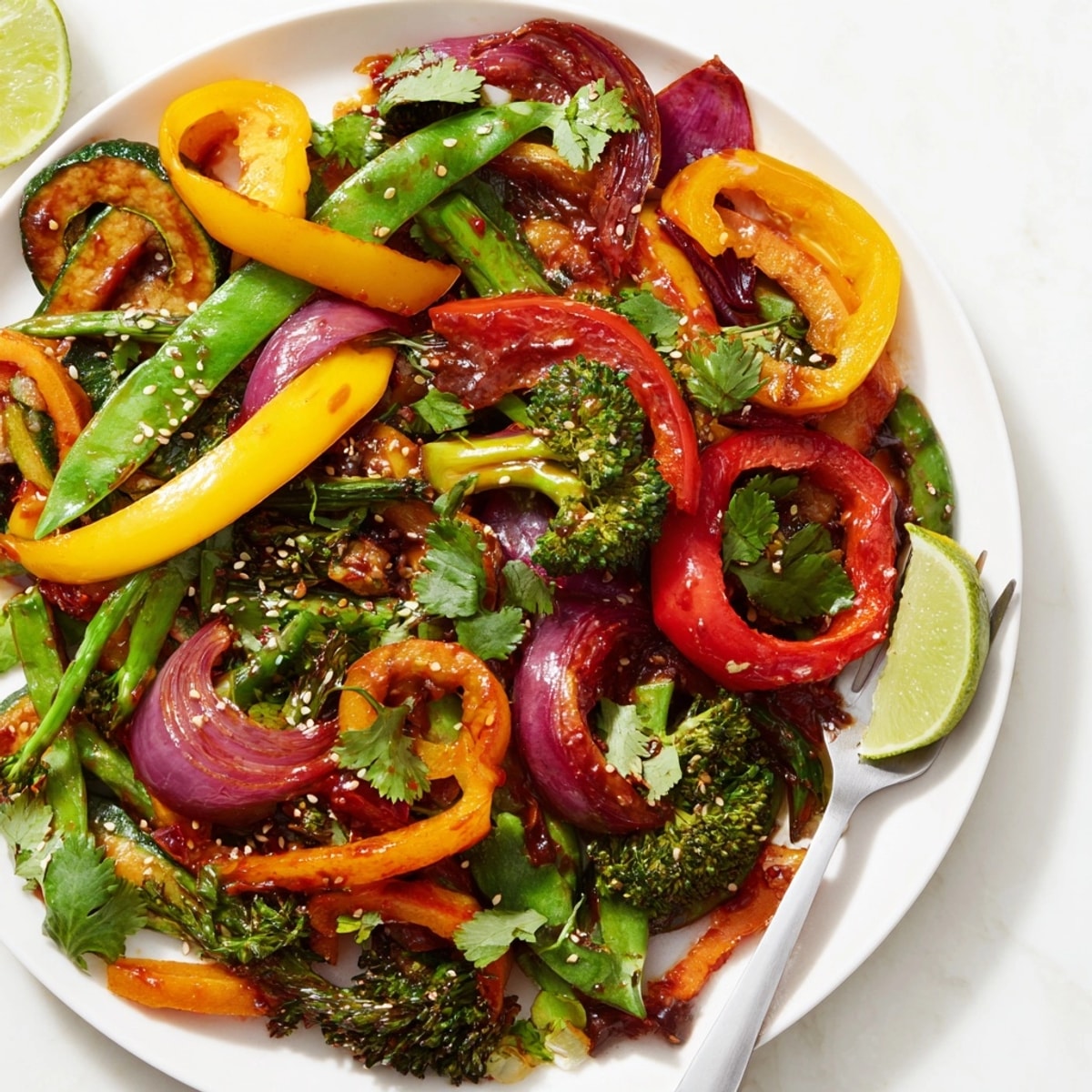 Eine duftende Ancho-Chile-Gemüsepfanne mit glänzenden, knackigen Paprika, servierfertig mit Limetten.