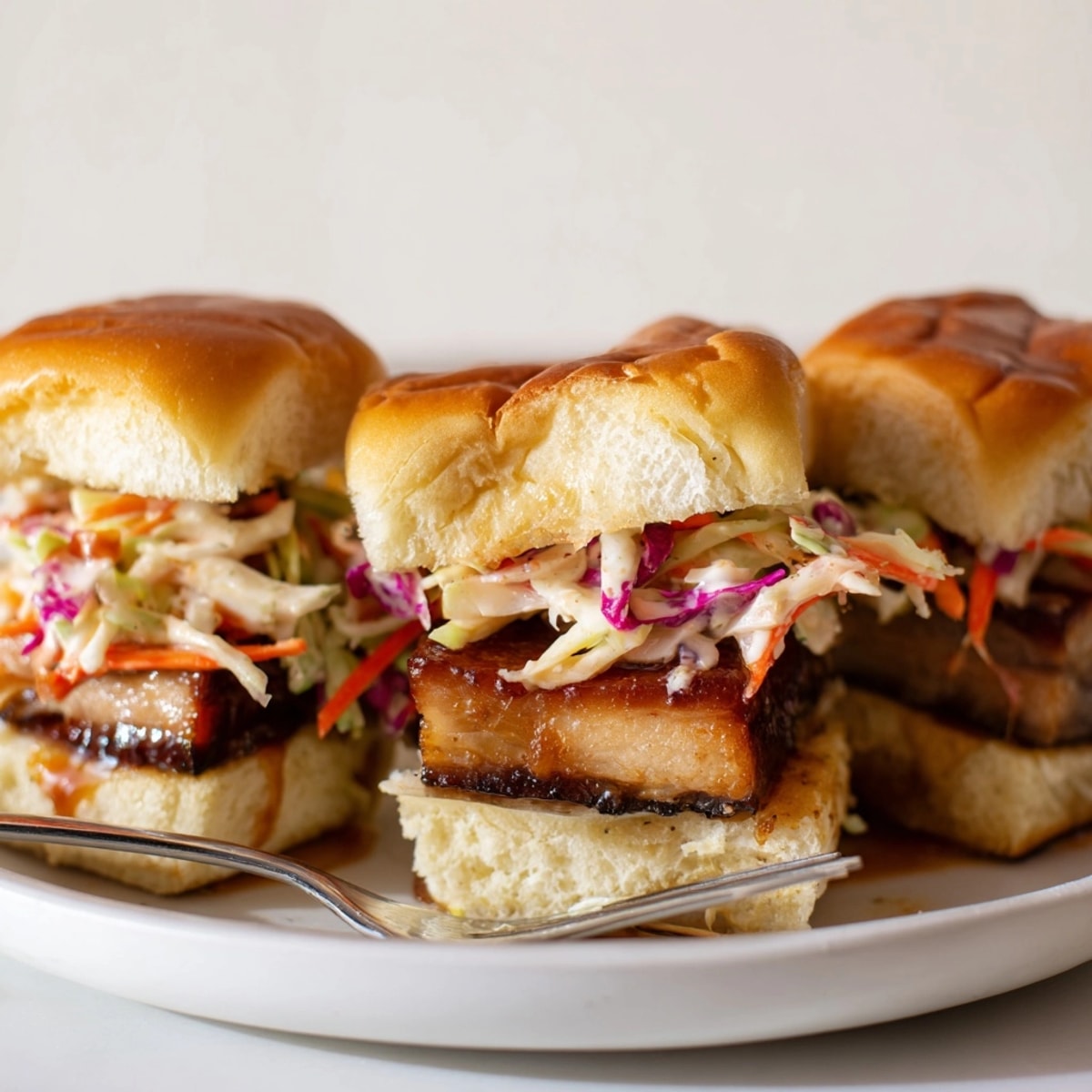 Saftige Bourbon Glazed Pork Belly Sliders mit knackigem Krautsalat und klebriger Soße.