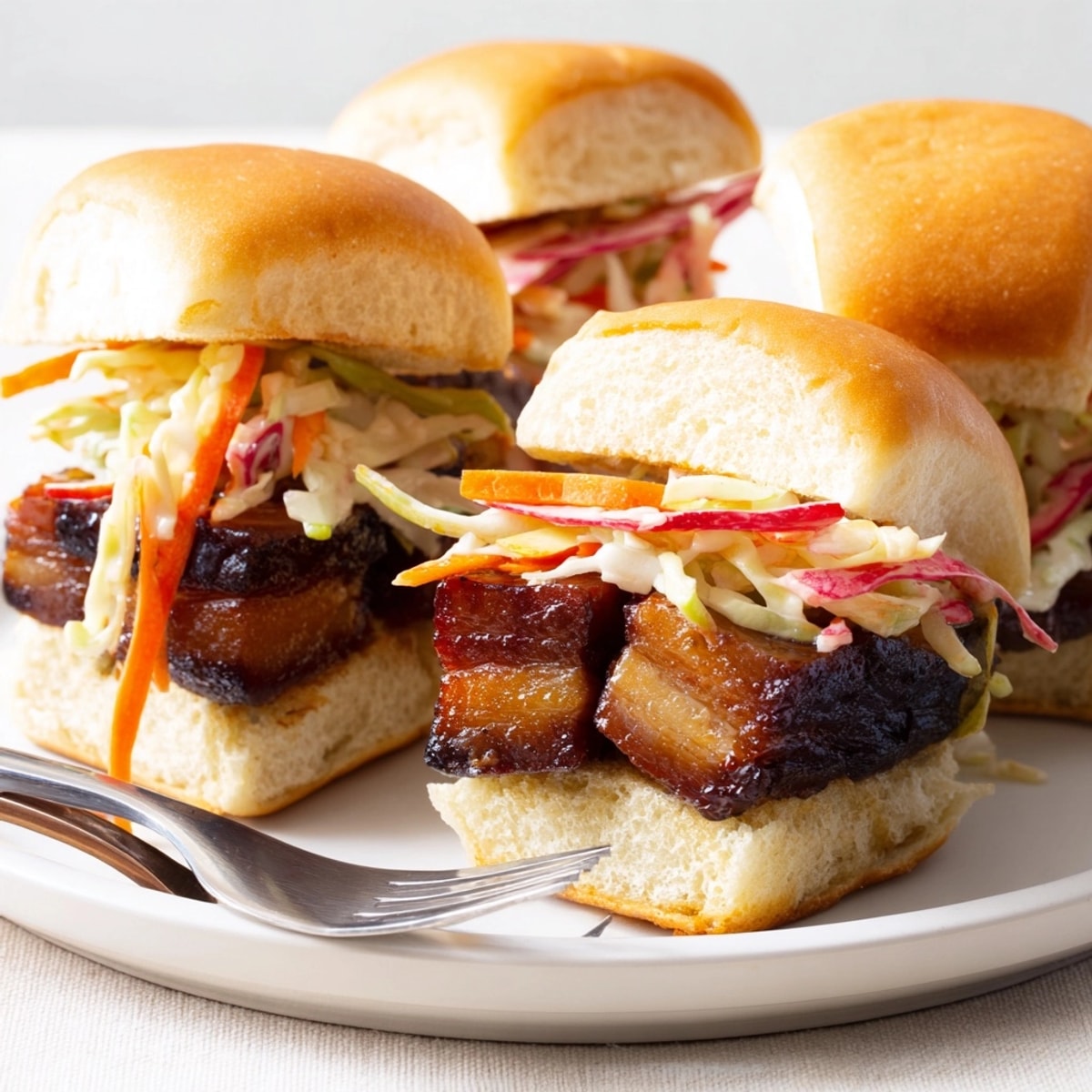 Nahaufnahme von glänzenden Bourbon Glazed Pork Belly Sliders, bereit zum Servieren.