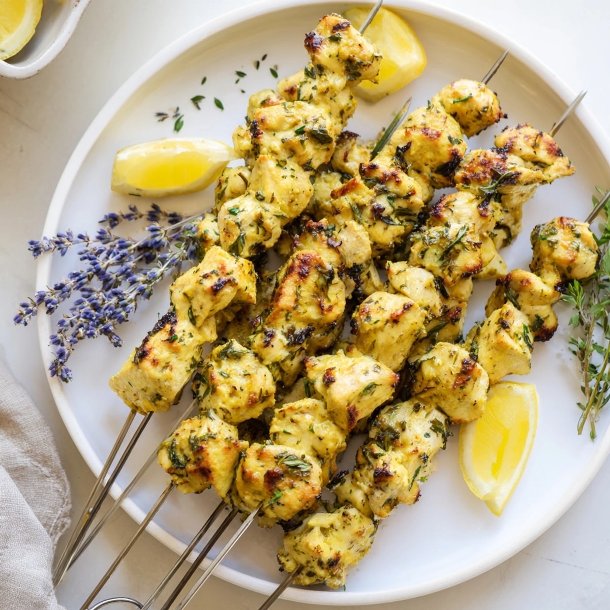 Zarte Honey Lavender Chicken Skewers frisch gegrillt, ein aromatischer Genuss!