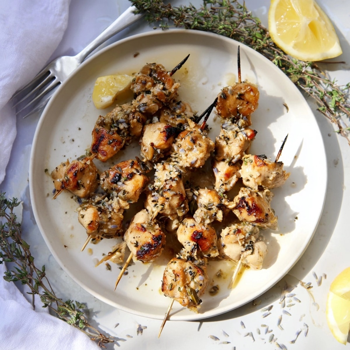 Saftige Honey Lavender Chicken Skewers mit Zitronenspalten, perfekt für laue Sommerabende.