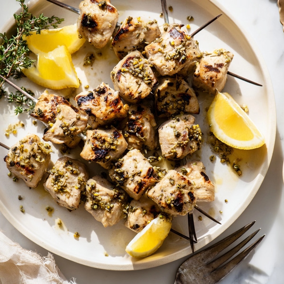 Goldbraune Honey Lavender Chicken Skewers mit Kräutern, ein leichtes glutenfreies Gericht.