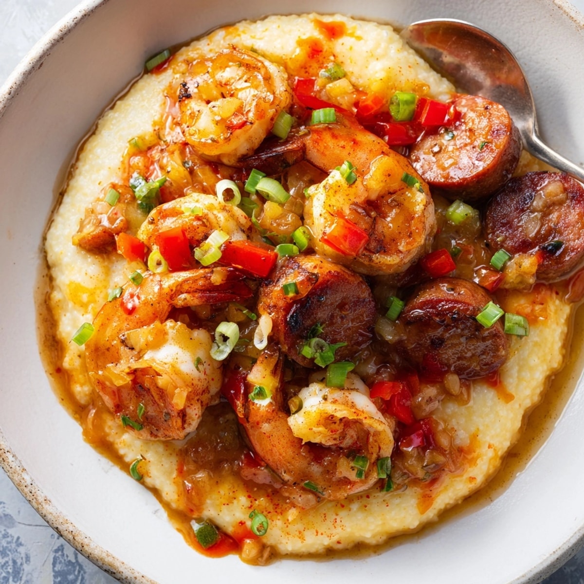 Cremiges, käsiges Grütze getoppt mit würzigen Cajun-Garnelen und Andouille-Wurst: Cajun Shrimp & Grits.