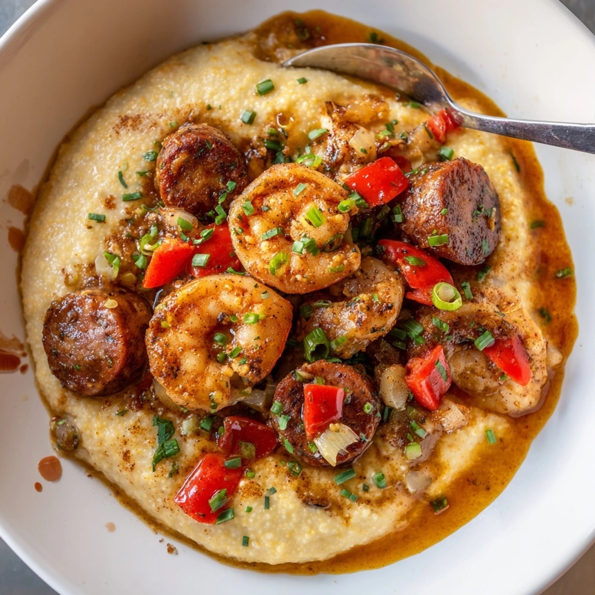 Goldbraune Cajun Shrimp & Grits mit Andouille, serviert in einer Schüssel, bereit zum Genießen.