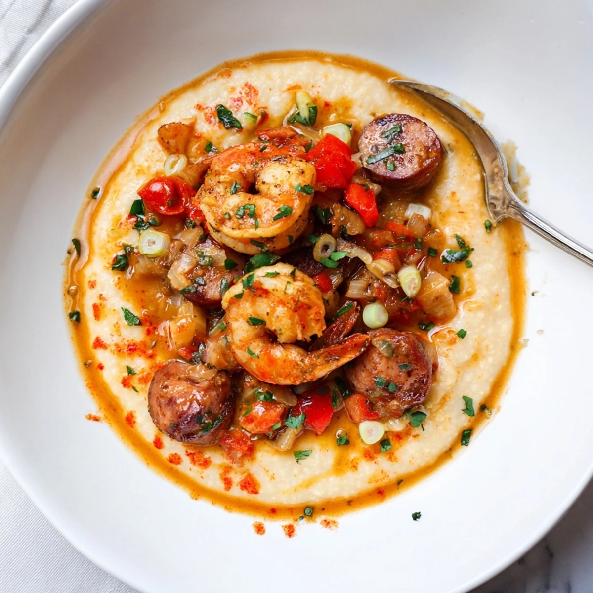 Homemade Cajun Shrimp & Grits Rezept: Mit cremigem Grütze, Gewürzen und Räucheraromen, ein Festessen.