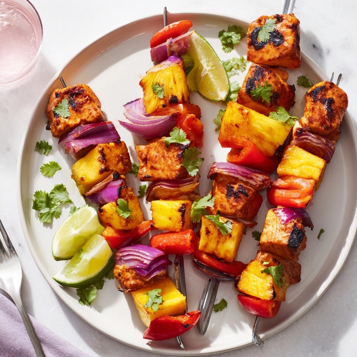 Saftige Sweet & Savory Pineapple Chicken Skewers, gegrillt und serviert mit leuchtenden Paprika.