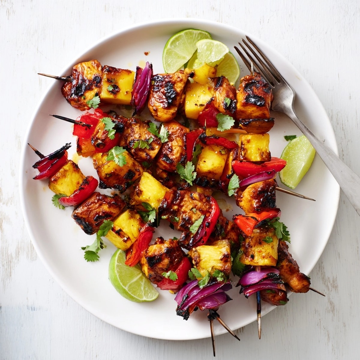 Gegrillte Sweet & Savory Pineapple Chicken Skewers mit Ananasbett für ein tropisches Fest.