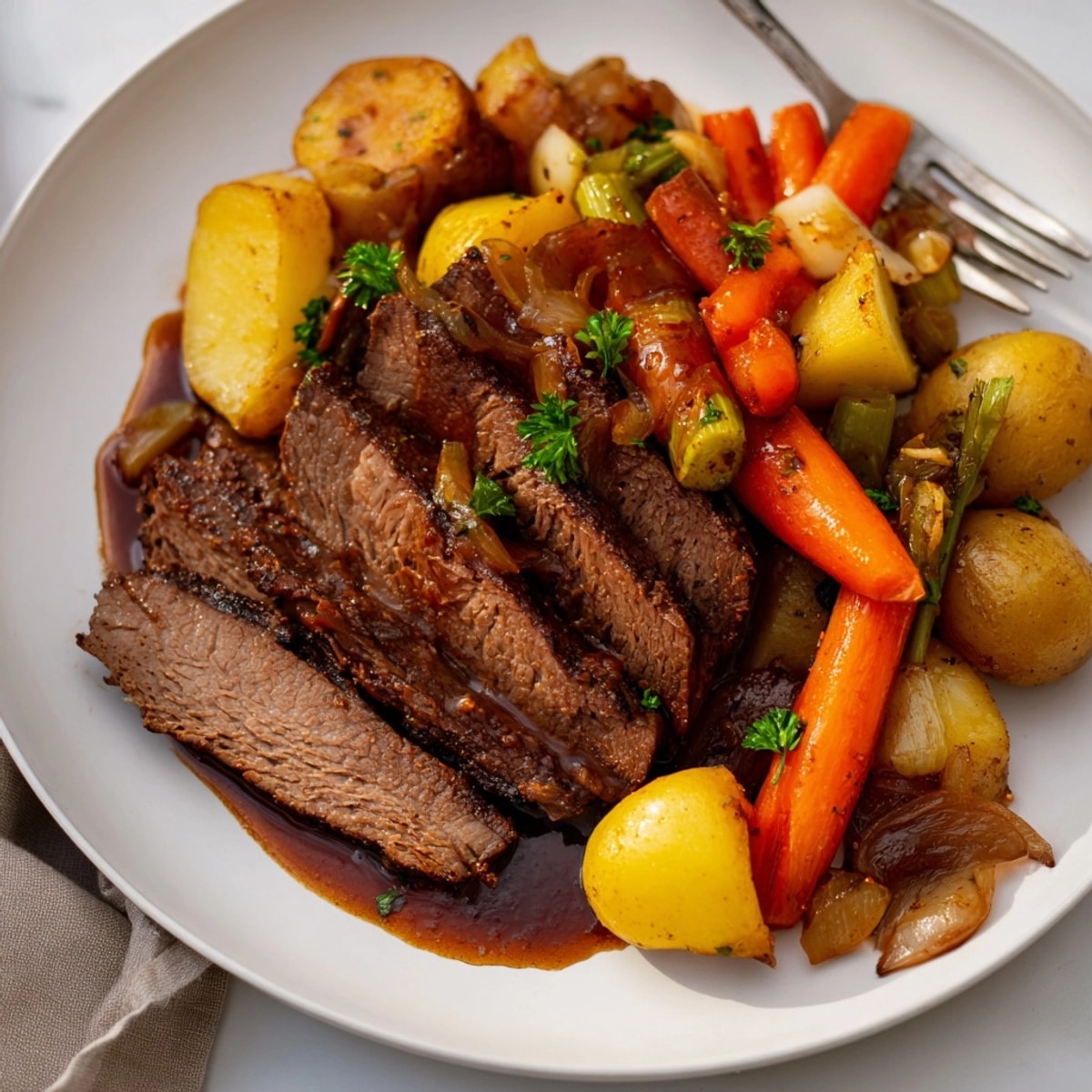 Zartes Bier-geschmortes Rindfleischbrust & Wurzelgemüse, ein deftiges, goldenes warmes Gericht für ein Familienessen.