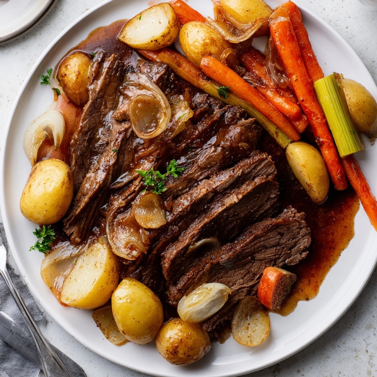 Nahaufnahme von saftigem, langsam gekochtem Beer-gebratenem Rindfleischbrust mit knackigem Wurzelgemüse, servierfertig auf einem Teller.
