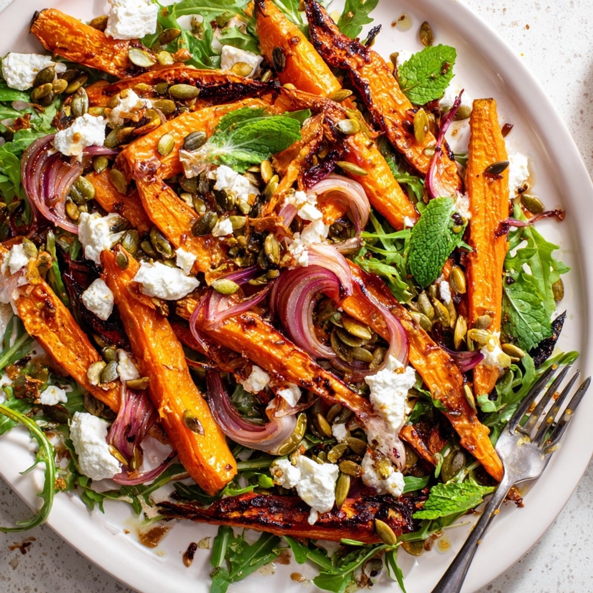 Gerösteter Karotten- und Feta-Salat mit süßen Karotten, cremigem Feta und leuchtenden Grüntönen.