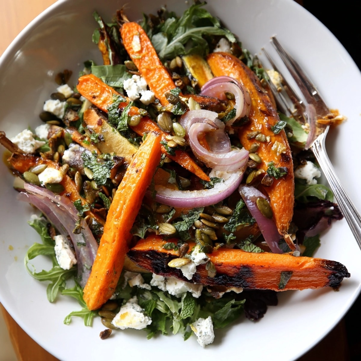Saftiger Roasted Carrot & Feta Salad, garniert mit frischen Kräutern und gerösteten Kürbiskernen.