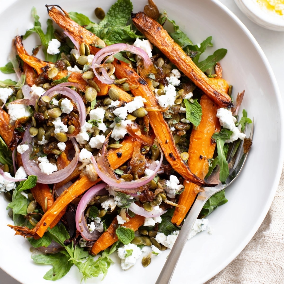 Nahaufnahme eines Roasted Carrot & Feta Salad, der auf einem rustikalen Teller zum Servieren bereit ist.