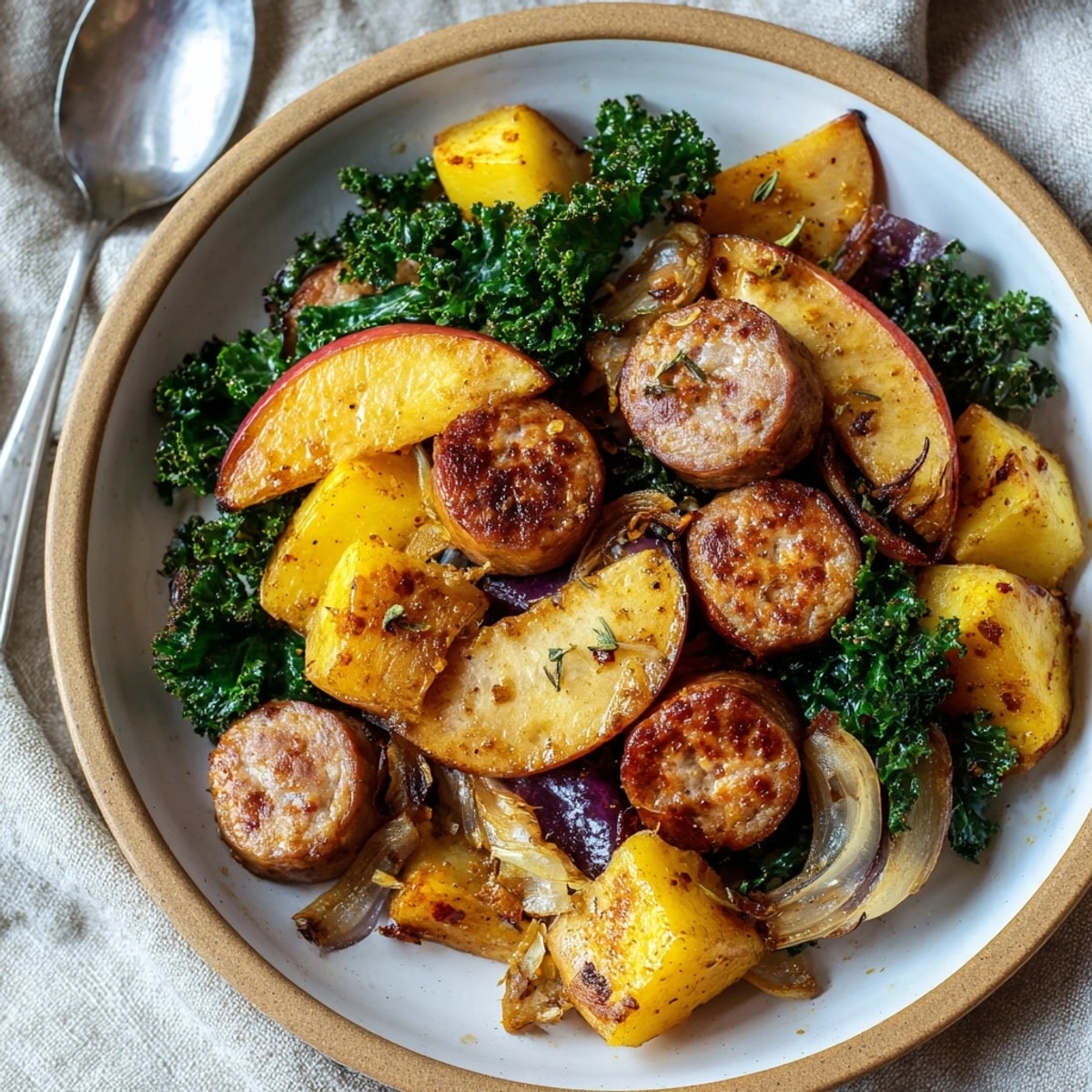 Würzige Apfel-Kohl-Hähnchenwurst-Pfanne, ein Fest für die Augen, goldbraun und dampfend.
