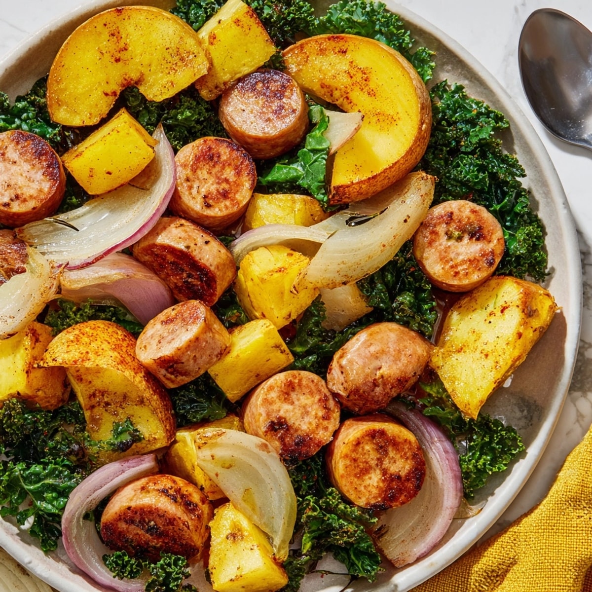 Goldbraune Spiced Apple & Kale Chicken Sausage Bake, duftend nach Zimt, servierbereit.