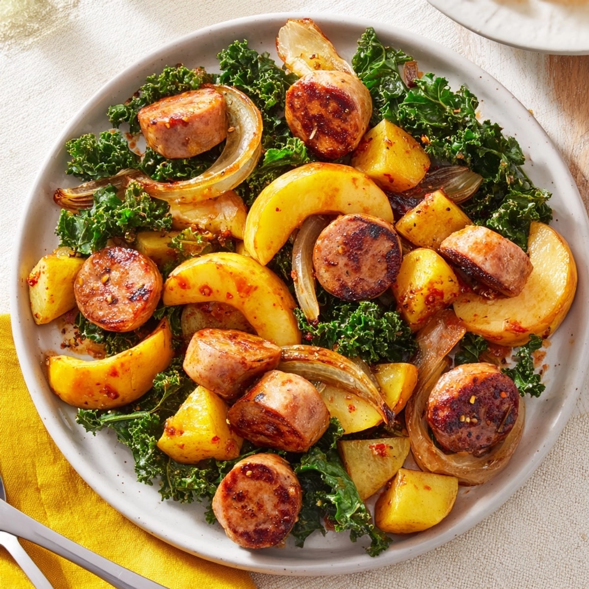 Herbstliche Spiced Apple & Kale Chicken Sausage Bake mit süßen Äpfeln und herzhaftem Kohl.