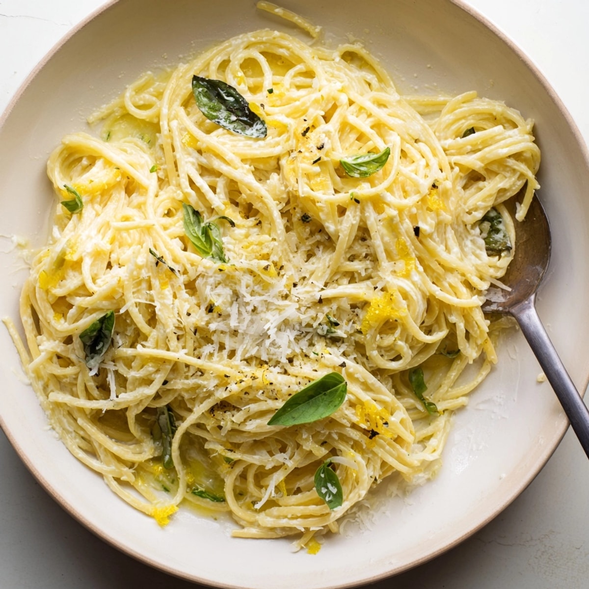 Cremige Zitrone-Basilikum-Ricotta-Pasta, ein helles und köstliches Abendessen, duftend nach frischen Kräutern.