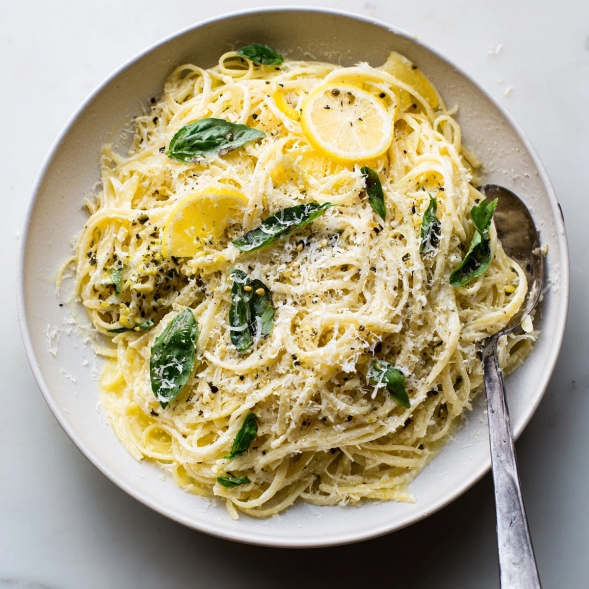 Nahaufnahme von Zitrone-Basilikum-Ricotta-Pasta-Nudeln, perfekt umhüllt von einer glatten und würzigen Soße.
