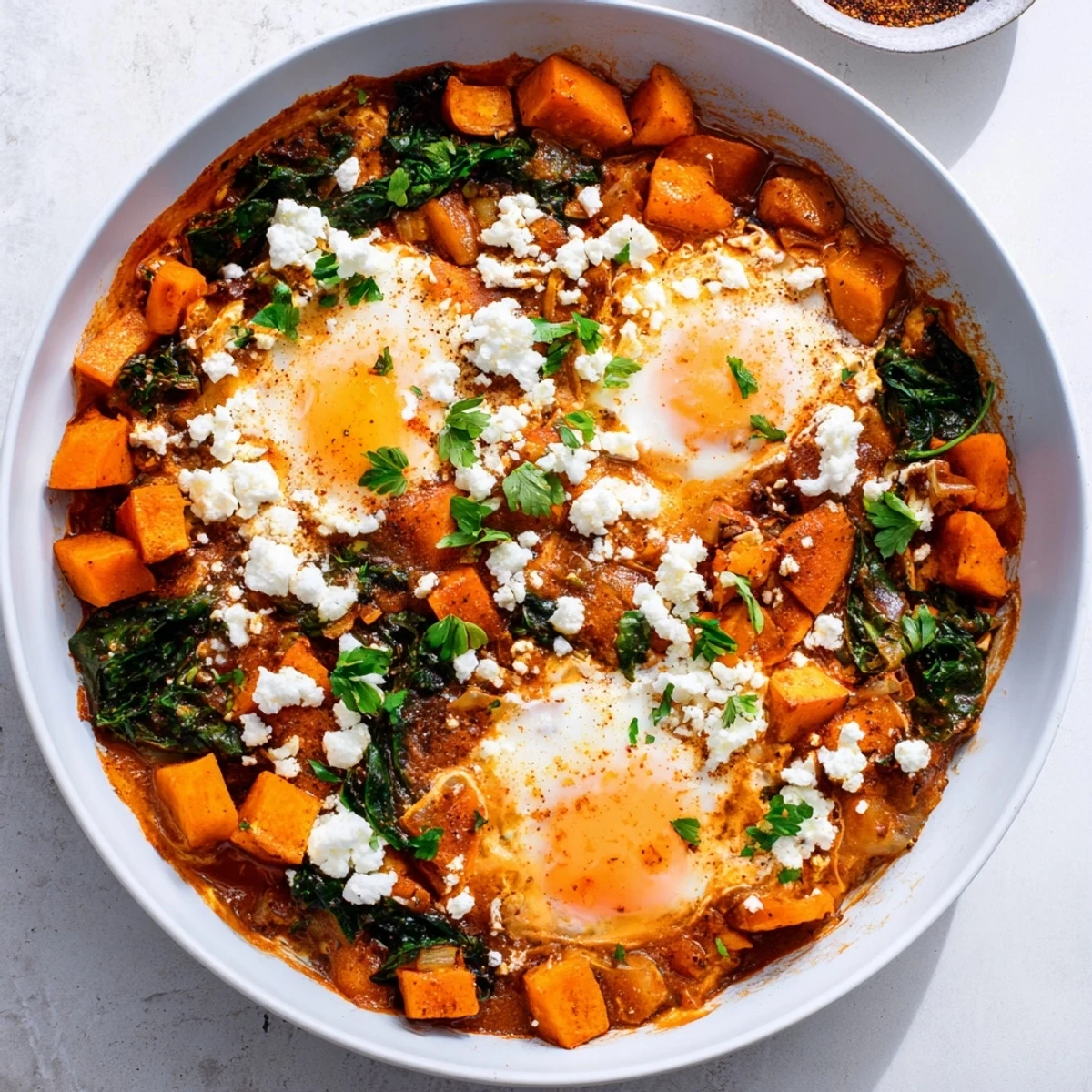A hearty skillet of Winter Veggie Shakshuka with poached eggs and crumbled feta cheese.
