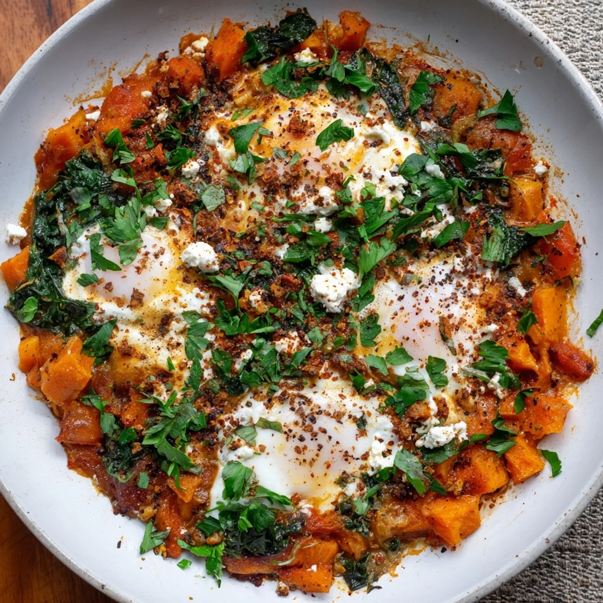 Warm, colorful Winter Veggie Shakshuka with roasted vegetables and perfectly cooked eggs for brunch.