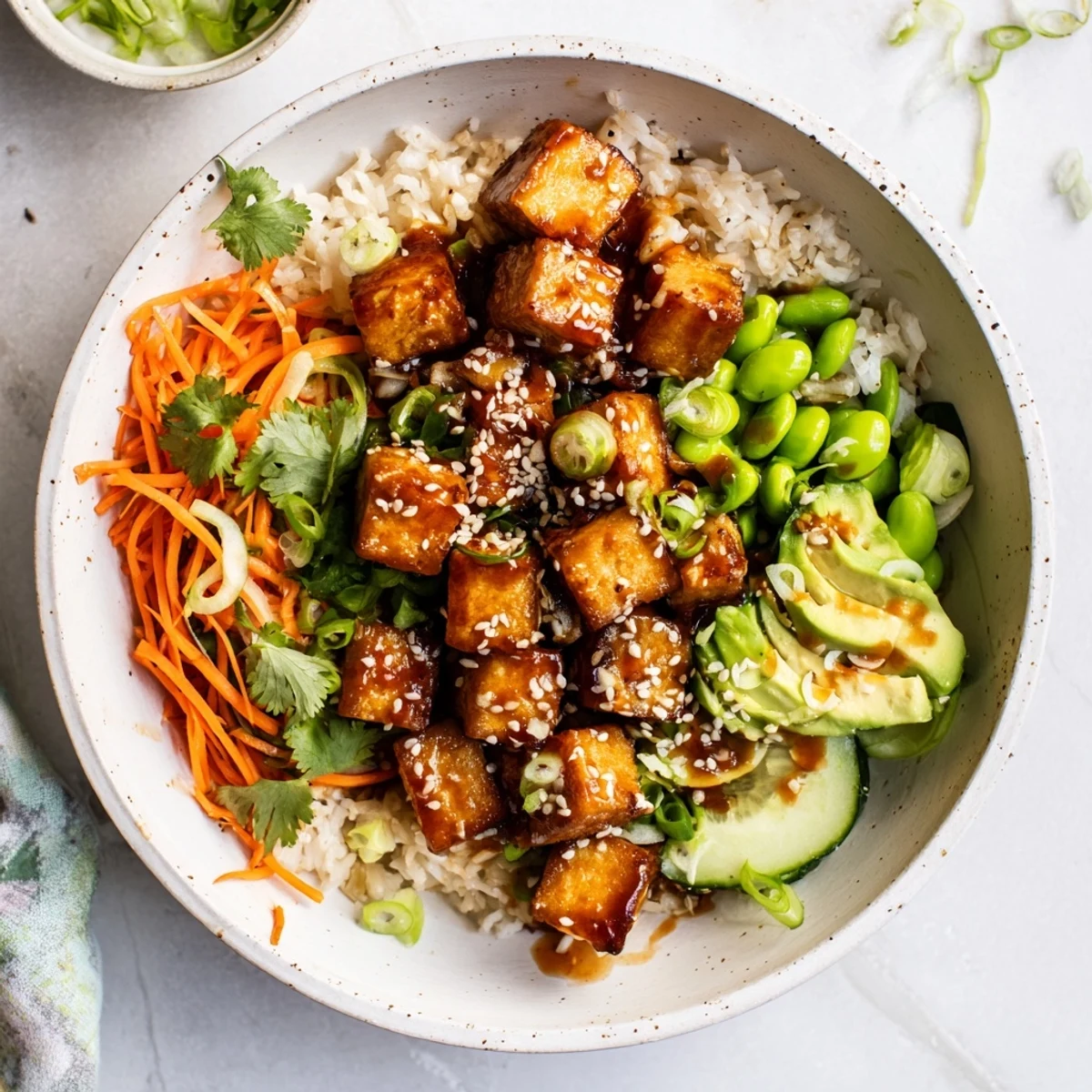 Savor the flavors: a beautifully arranged ginger sesame tofu bowl, perfect for a quick dinner.