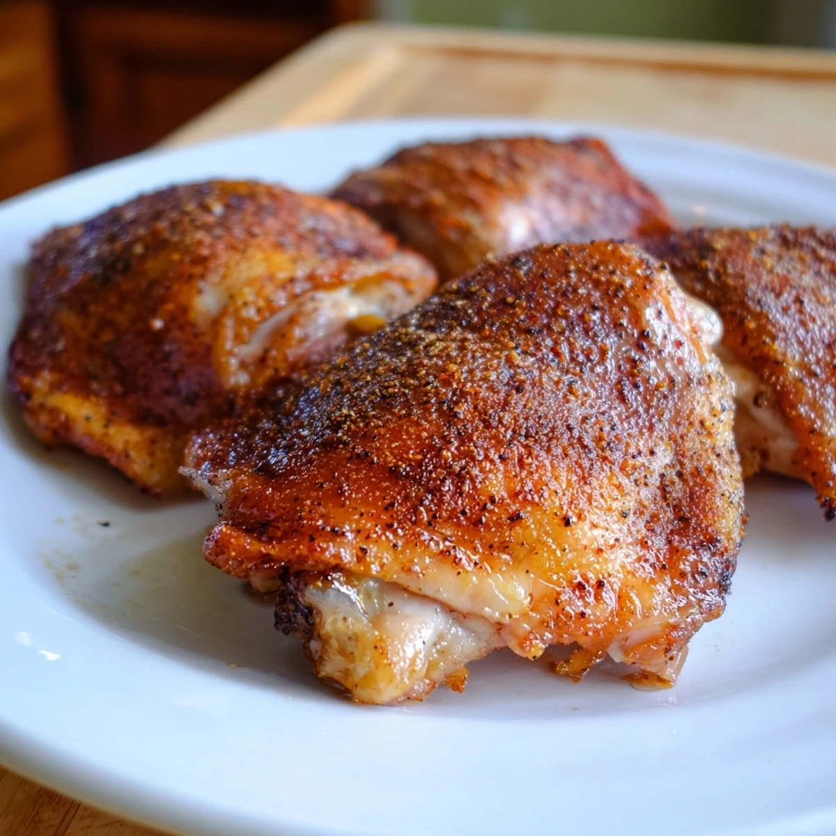 Goldbraune, knusprige Haut auf saftigen Crispy Skin Chicken Thighs, perfekt gewürzt für einen herrlichen Geschmack.