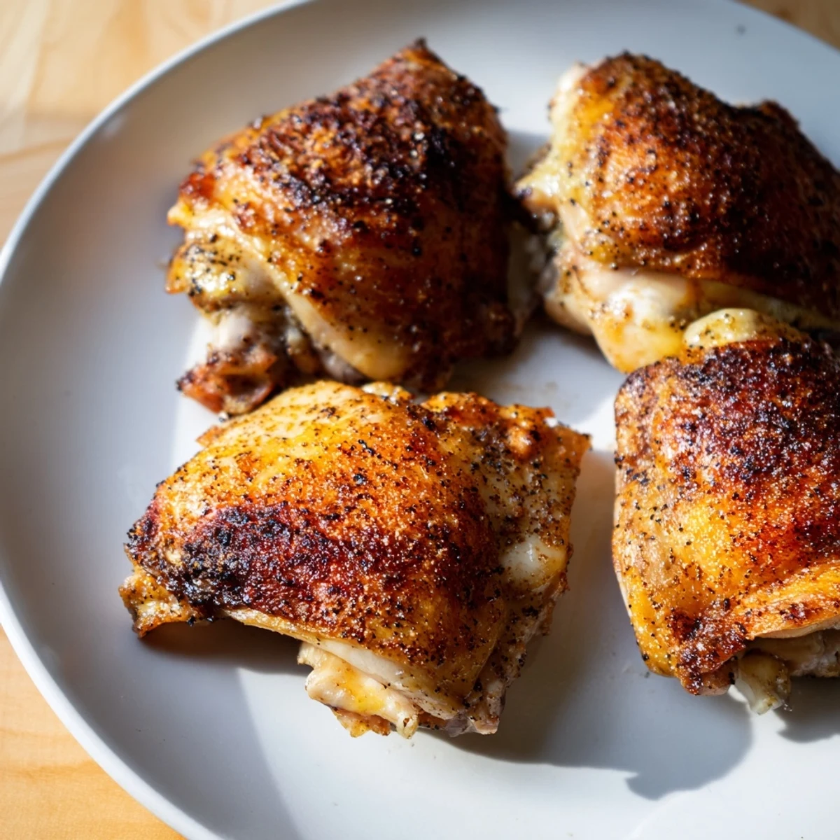 Die fertigen Crispy Skin Chicken Thighs, goldbraun und angerichtet, ein einfaches Abendessen mit viel Aroma.