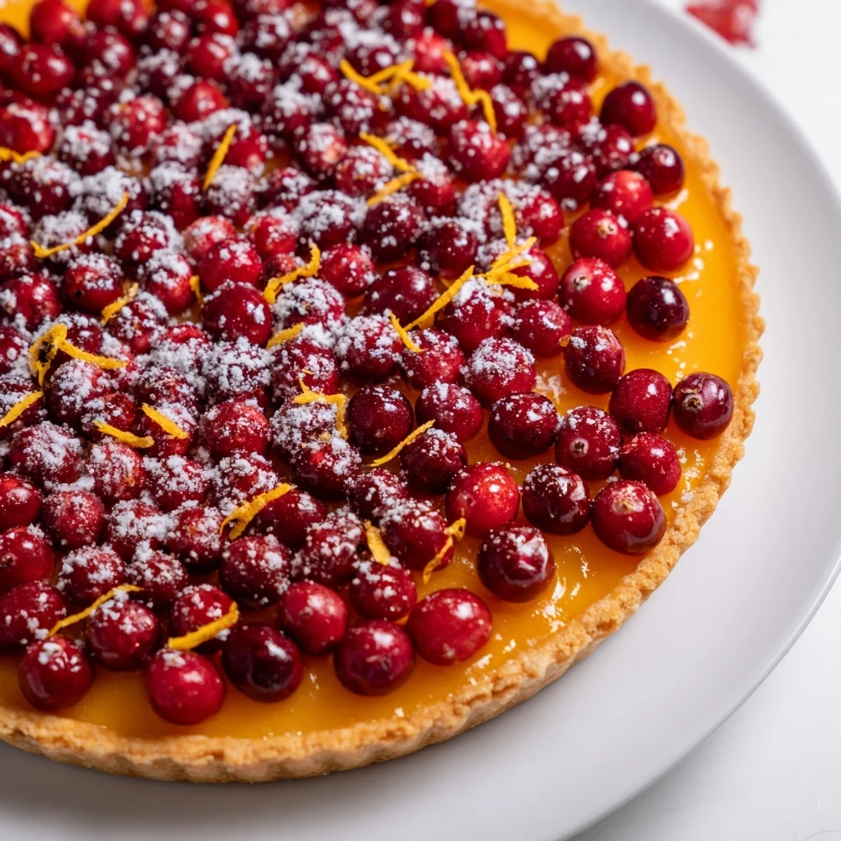 A beautifully presented Cranberry Tart showcasing a vibrant, glistening cranberry filling, perfect dessert.