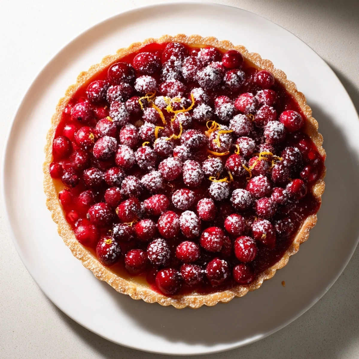 Golden, flaky crust holds a jewel-toned Cranberry Tart, ready to be sliced and enjoyed at a gathering.