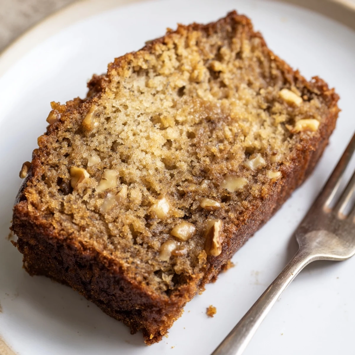 Warm, golden slice of classic banana bread, showing its moist texture and inviting aroma.