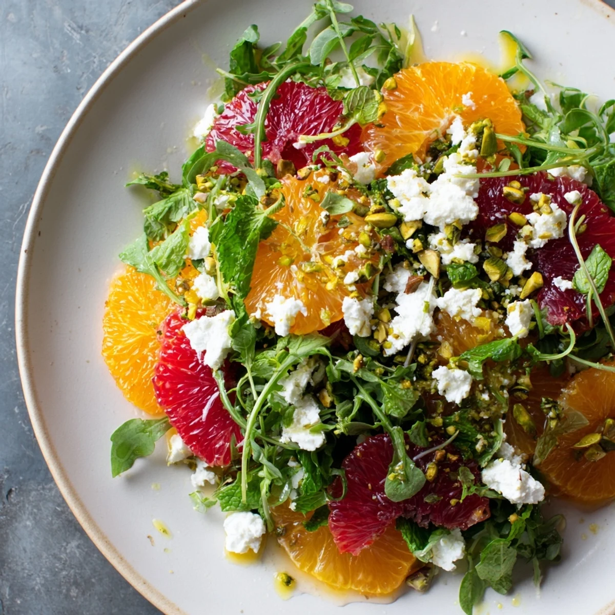 Vibrant Winter Citrus Feta Salad arranged artfully on a platter, showcasing colorful citrus segments.