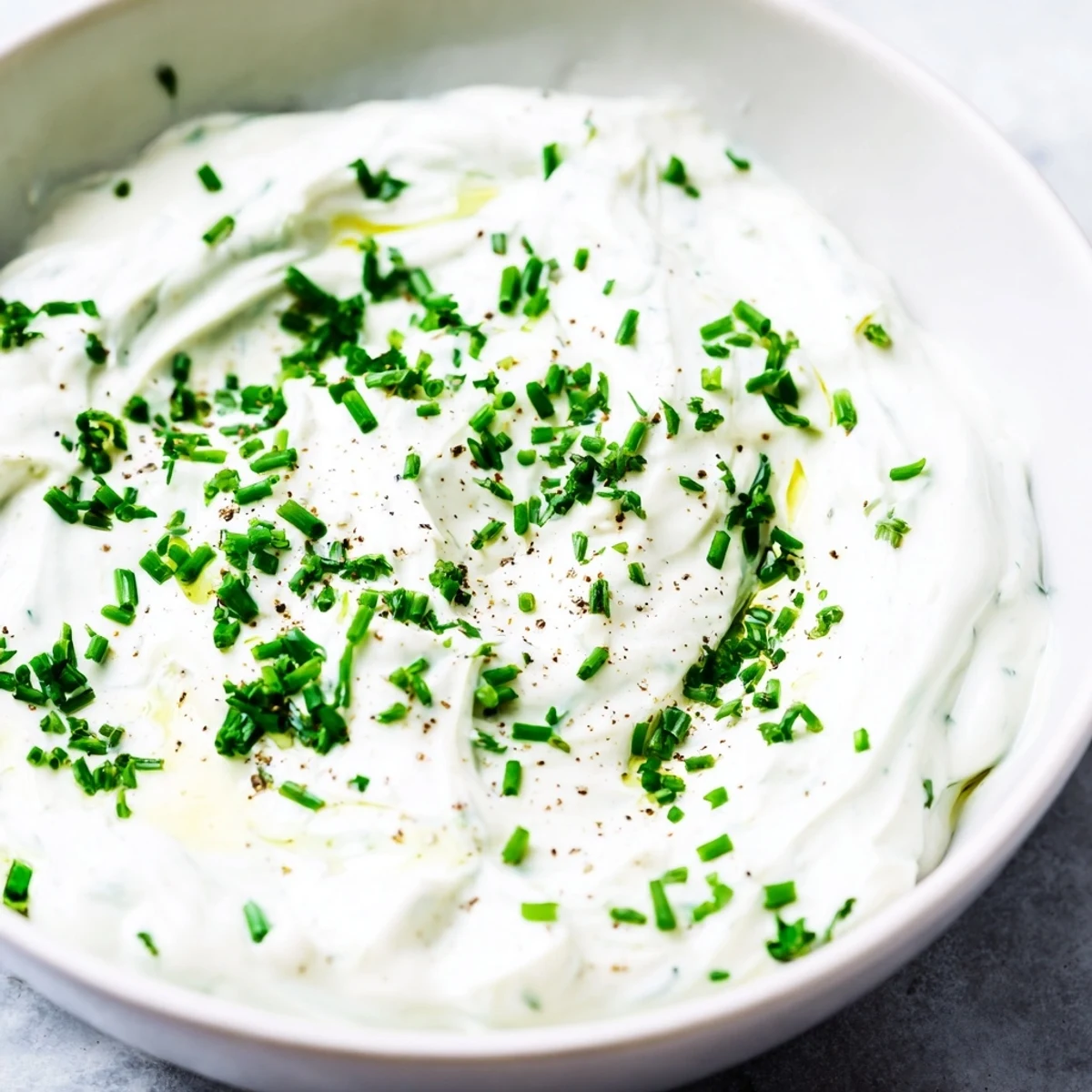 A close-up shot of garlic dip, showcasing the herbs and creamy texture for dipping.