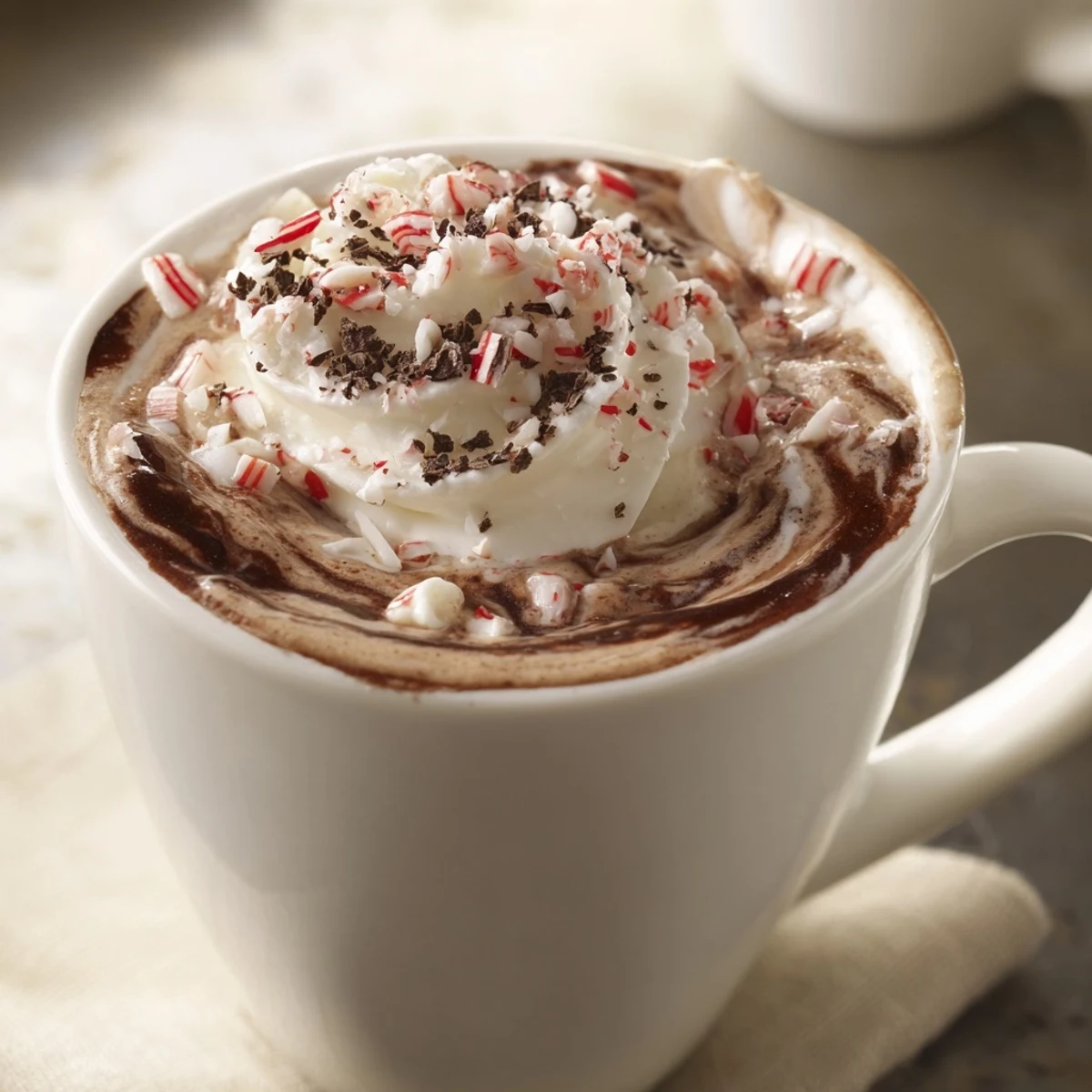 Steaming mug of Peppermint Schnapps-Free Hot Chocolate, topped with fluffy whipped cream and peppermint candies.