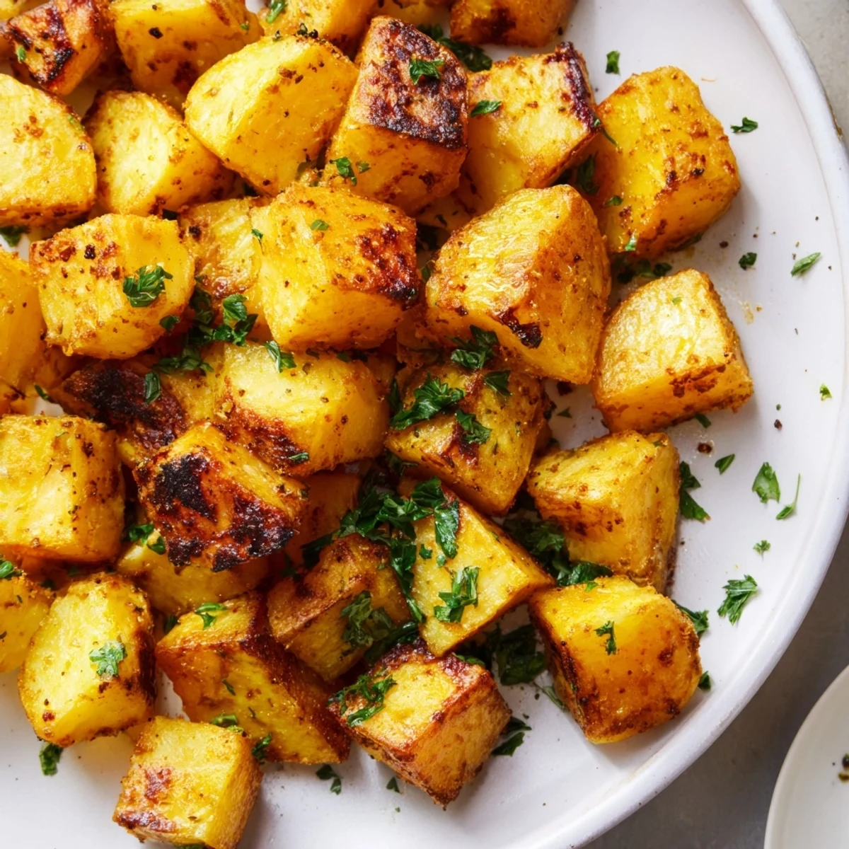 Golden-brown roasted potatoes, crispy from the oven, ready to be sprinkled with fresh parsley.