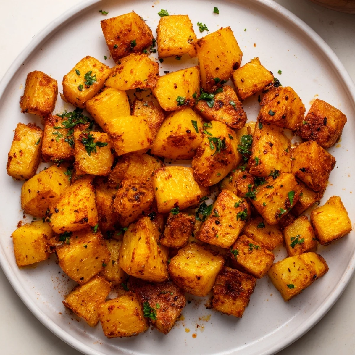 Close-up of perfectly roasted potatoes: seasoned and golden, a delightful side dish for dinner.