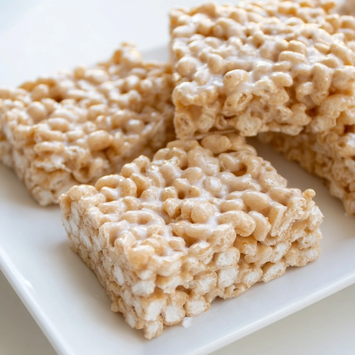 Golden, gooey Crispy Treats picture, showing a close-up of the easy marshmallow snack bar.