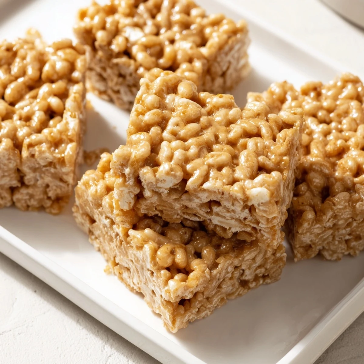 Square, golden Crispy Treats, cut and ready for eating, a perfect homemade dessert treat.