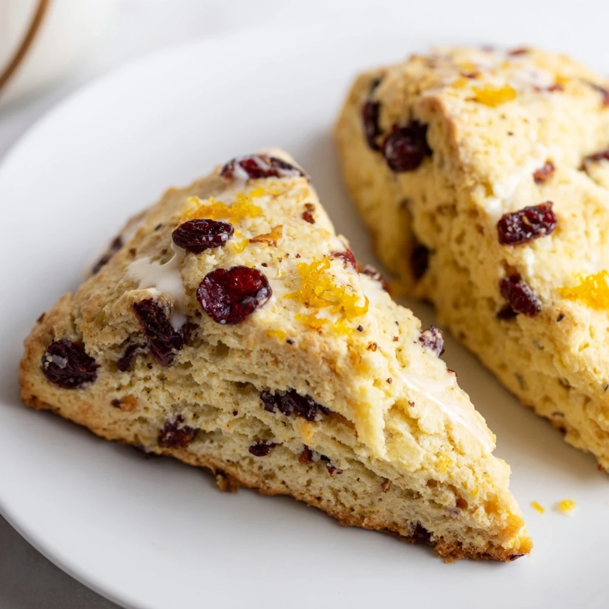 Warm cranberry scones, fragrant with orange zest, are displayed on a cooling rack for serving.