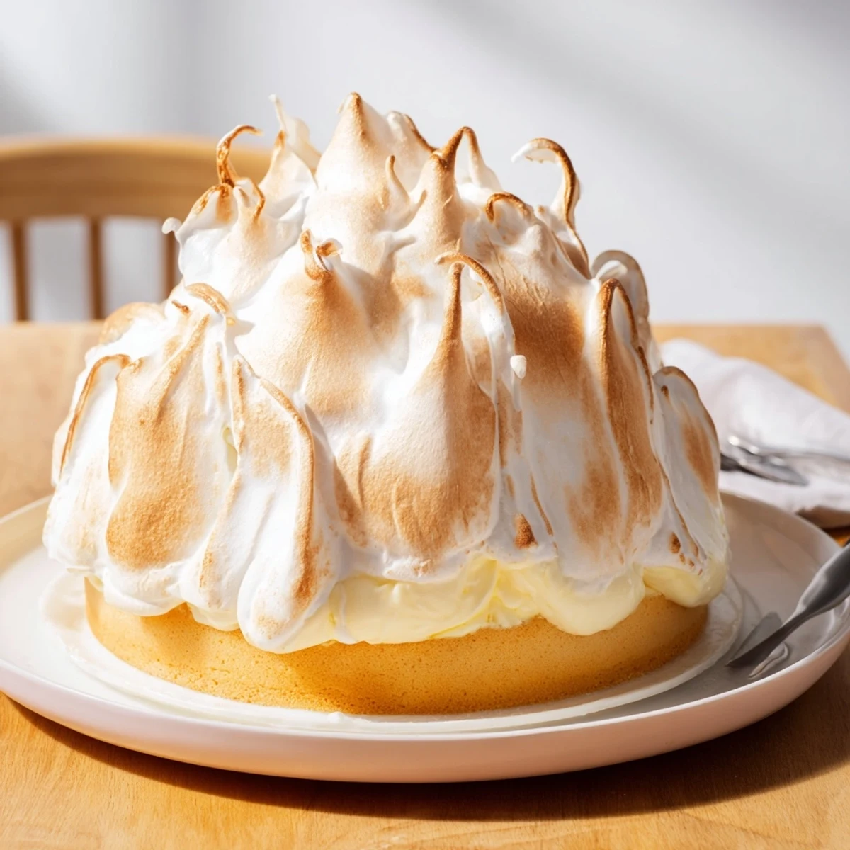 Golden-brown Baked Alaska with vanilla ice cream, ready to serve and enjoy for dessert.