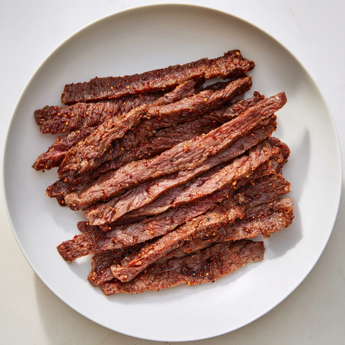 Tender, seasoned beef jerky strips arranged on a wire rack, ready for drying in the oven.