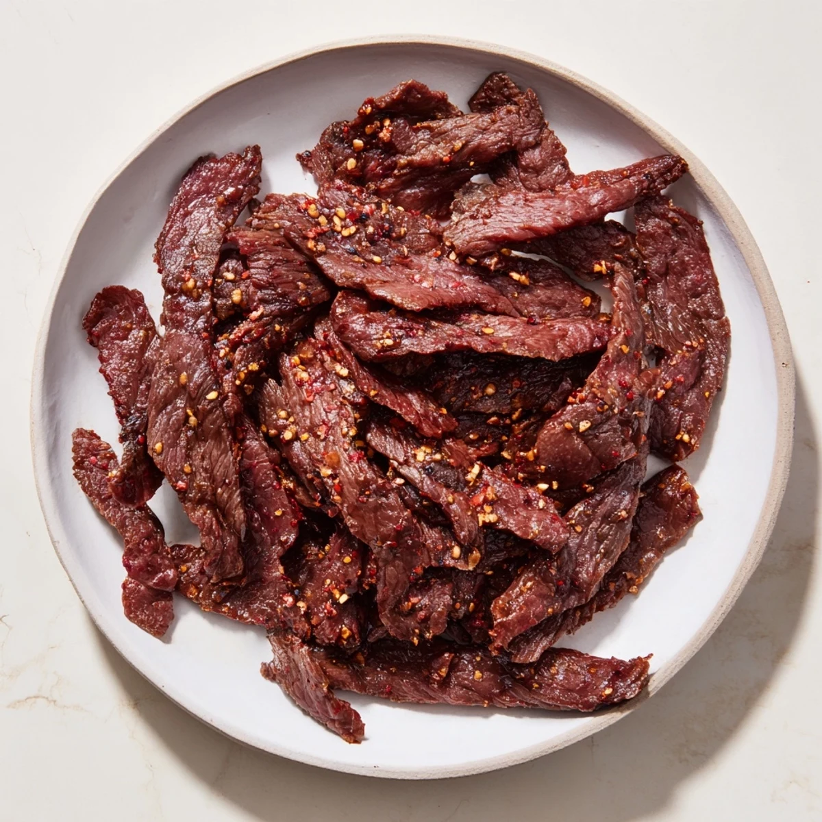 Close-up of homemade beef jerky, showing the savory, dark color and satisfying texture of the snack.