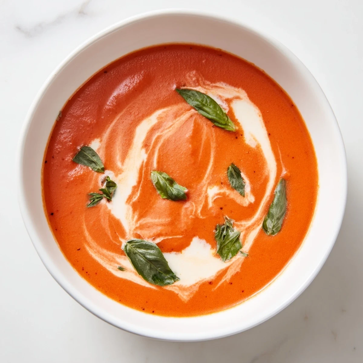 A steaming bowl of Creamy Tomato Basil Soup garnished with fresh basil leaves.