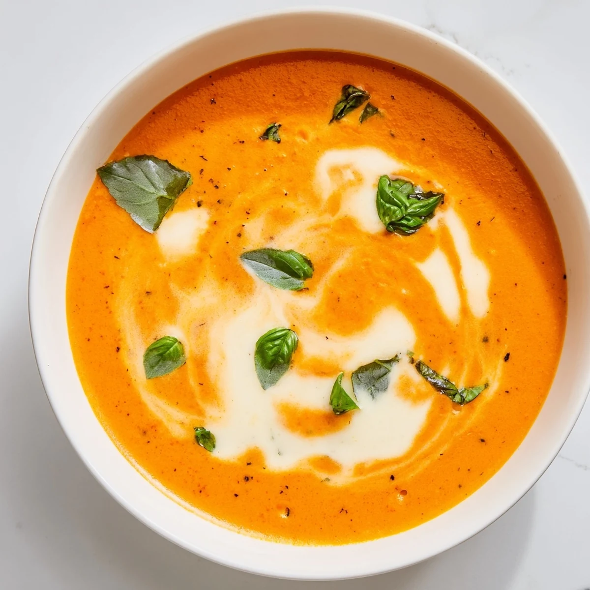 Rich and vibrant Creamy Tomato Basil Soup served with a grilled cheese sandwich, delicious!