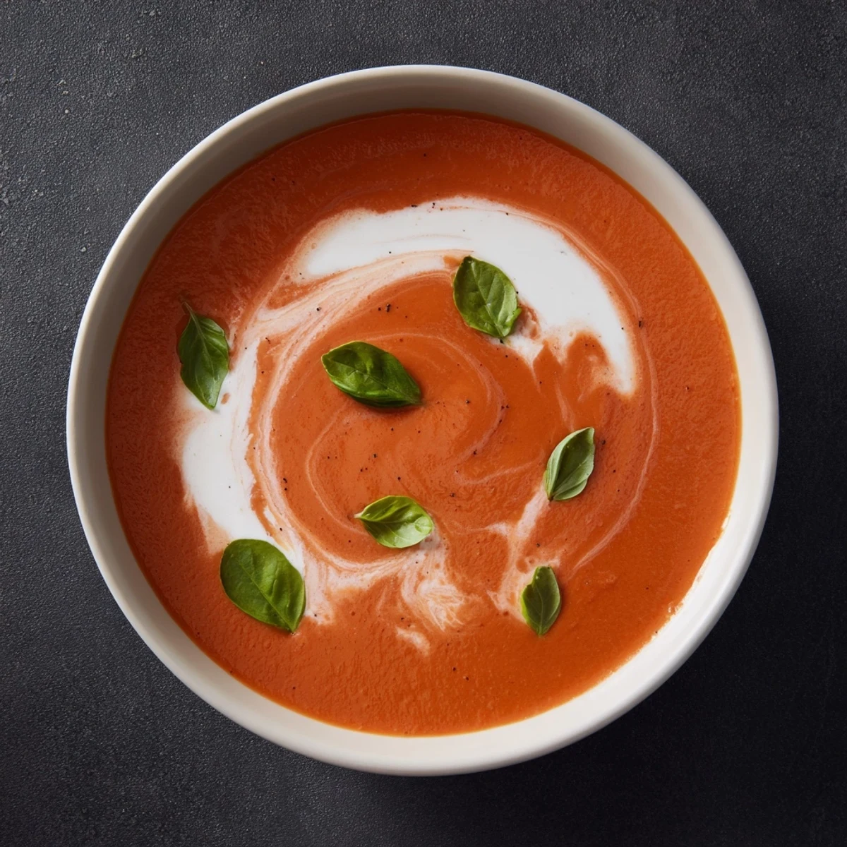 Smooth, luscious Creamy Tomato Basil Soup, perfect for a comforting vegetarian meal at home.