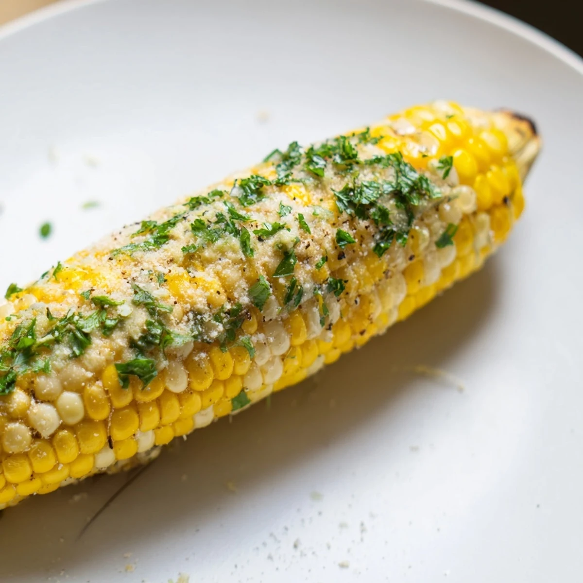 Saftiger Knoblauch-Butter-Maiskolben, goldgelb und mit frischen Kräutern für ein schmackhaftes Essen.