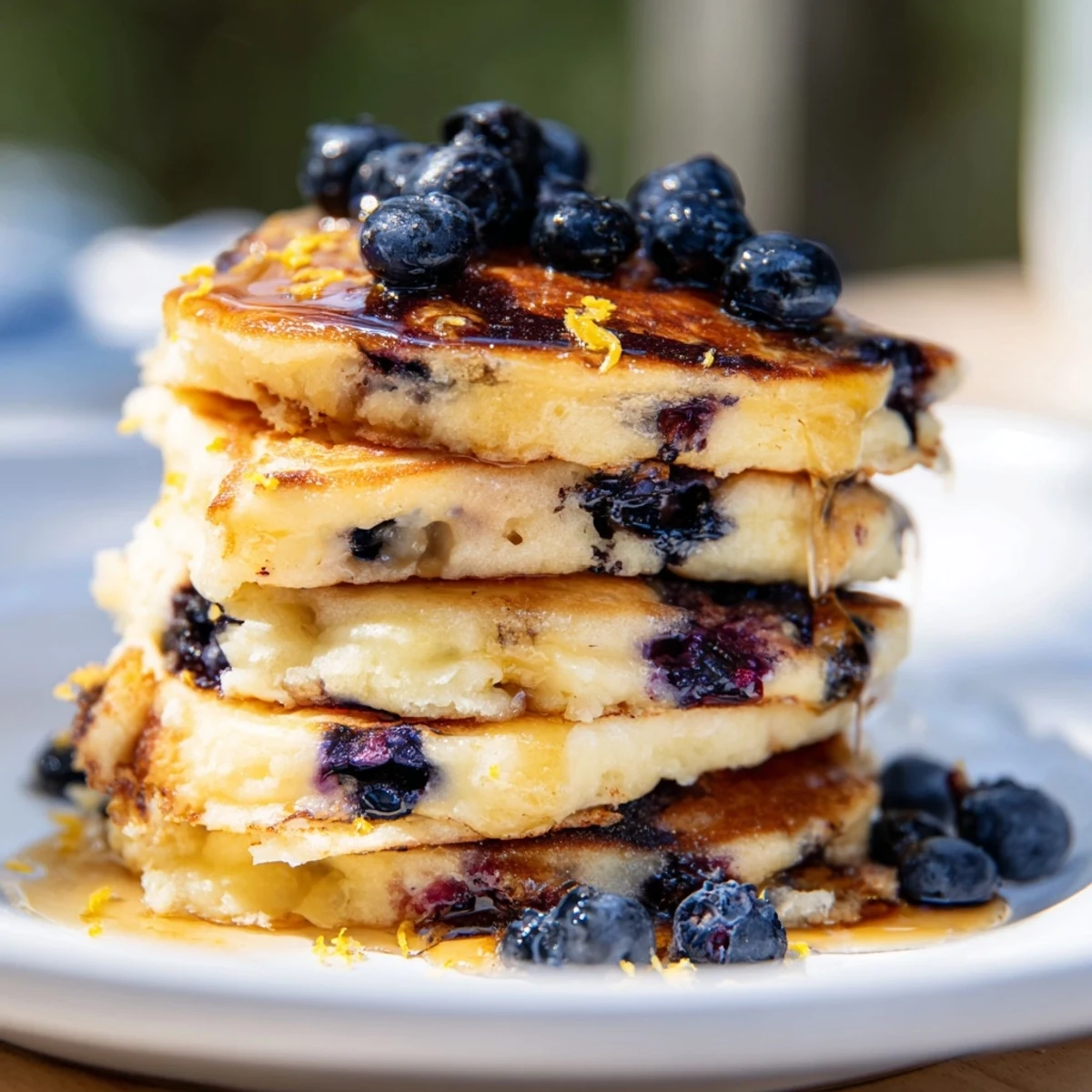 Fluffy Lemon Blueberry Pancakes stacked high, drizzled with maple syrup, ready to eat.