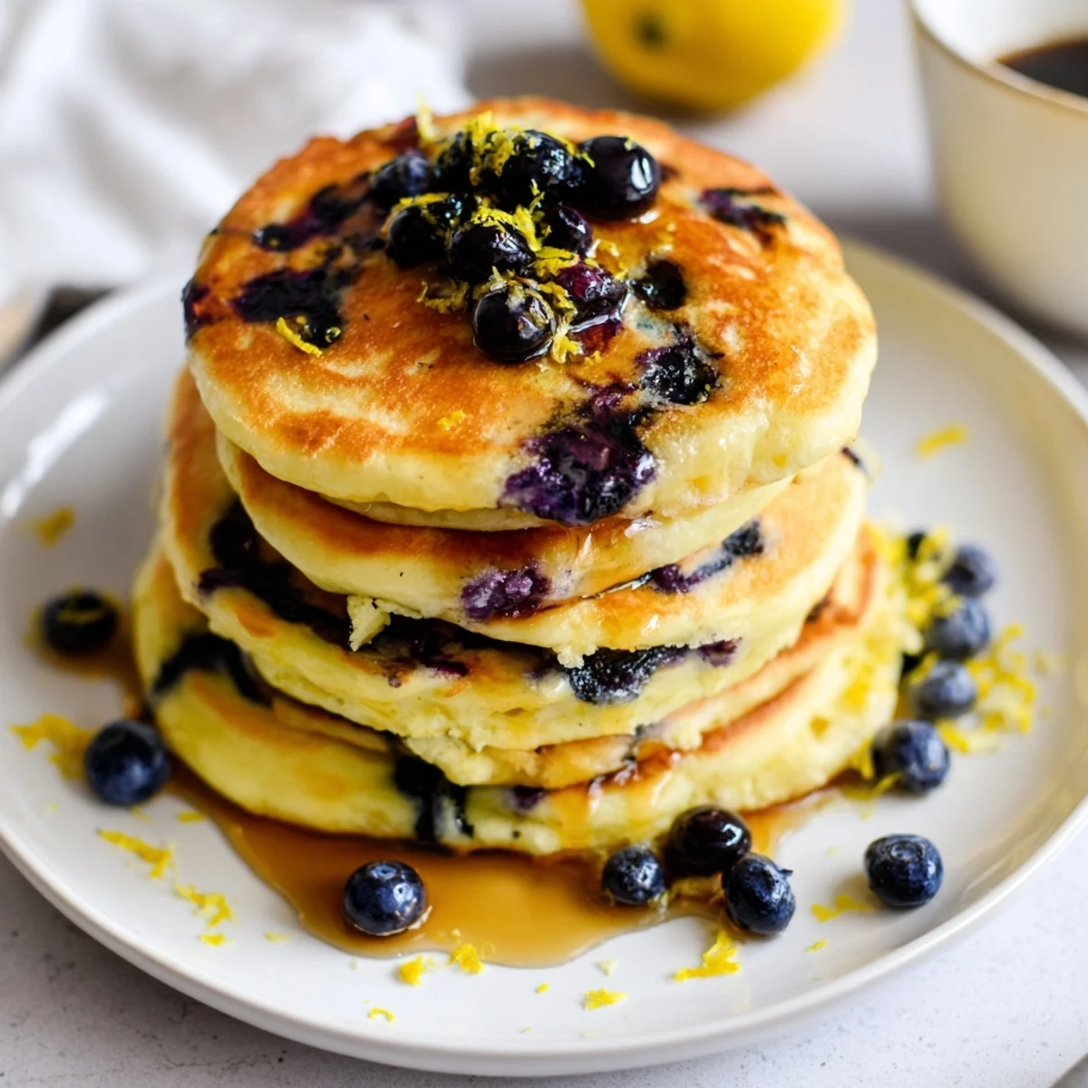 Golden Lemon Blueberry Pancakes, bursting with fresh blueberries, perfect for a cozy brunch at home.