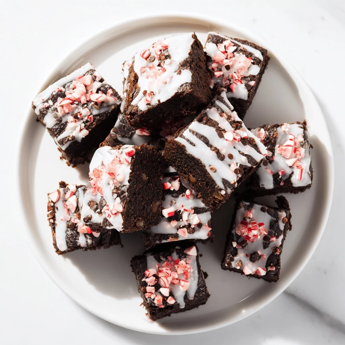 Fudgy, rich Peppermint Brownie Bites, drizzled with peppermint glaze and crushed candy canes.